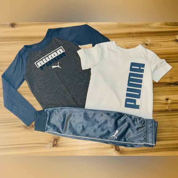 PUMA Kids Boy 3Pc Set Brand Logo Shirts And Pants, Blue/Grey Size 4T Kids - Picture 5 of 13